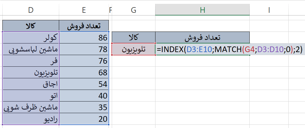 مثال ترکیب تابع index و match